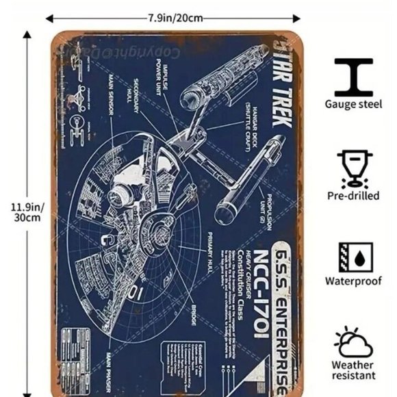 Vintage  USS Enterprise NCC-1701 Star Trek TOS Blueprint Metal Sign Decor 8x12" - Picture 5 of 6